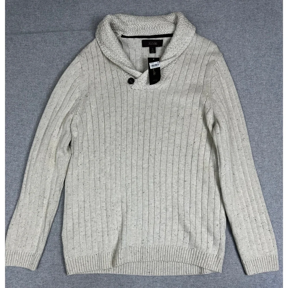 NWT Tasso Elba Shawl Sweater Mens XL Birch Neps Cotton Ribbed Knit 30304BIRCH